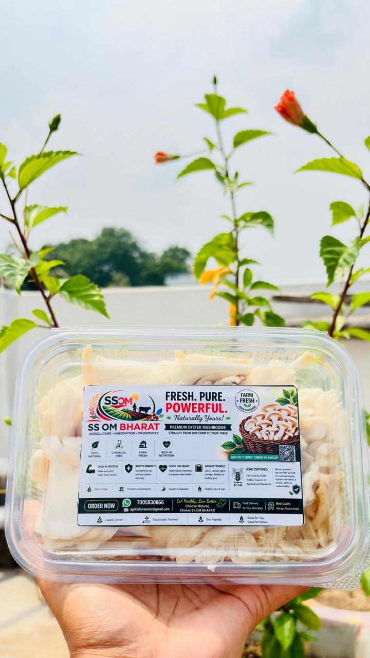Hand holding a fresh sealed pack of SS OM BHARAT oyster mushrooms at the farm